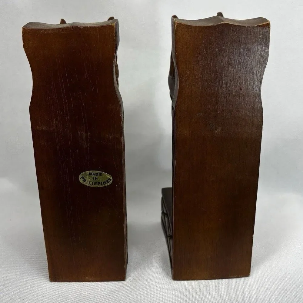 Vintage 1970 Made in Philipines  Wood Brown Carved Horse Head Bookends Book Ends